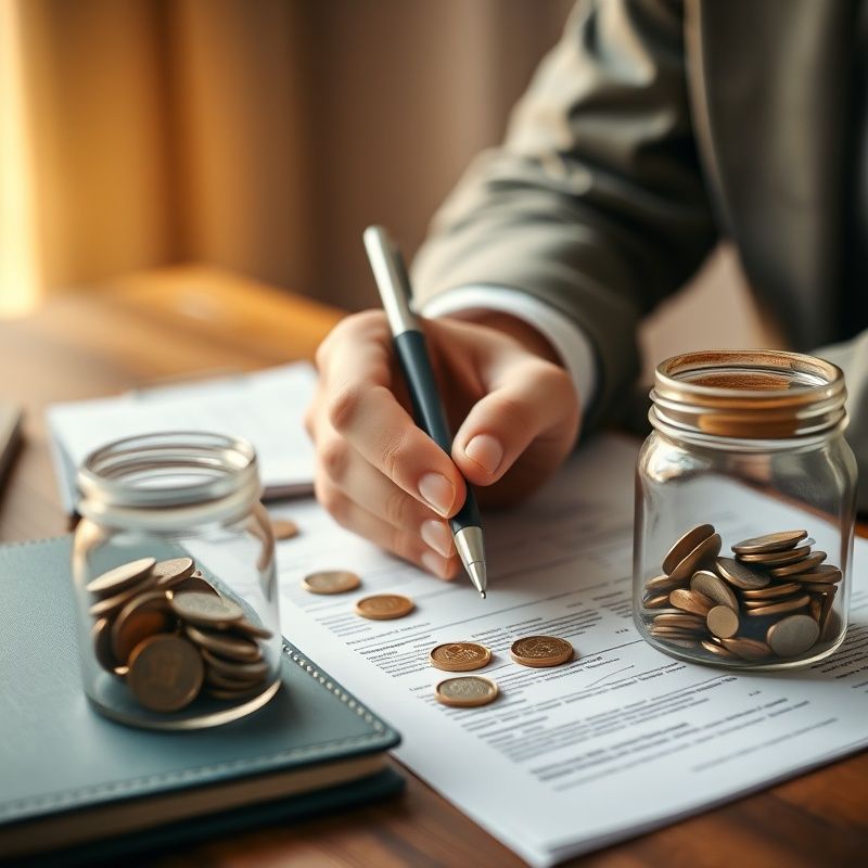 Ruce držící pero nad finančními dokumenty vedle skleněné dózy s mincemi